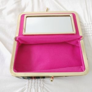 Vintage beige plaid fabric makeup clutch bag with mirror
